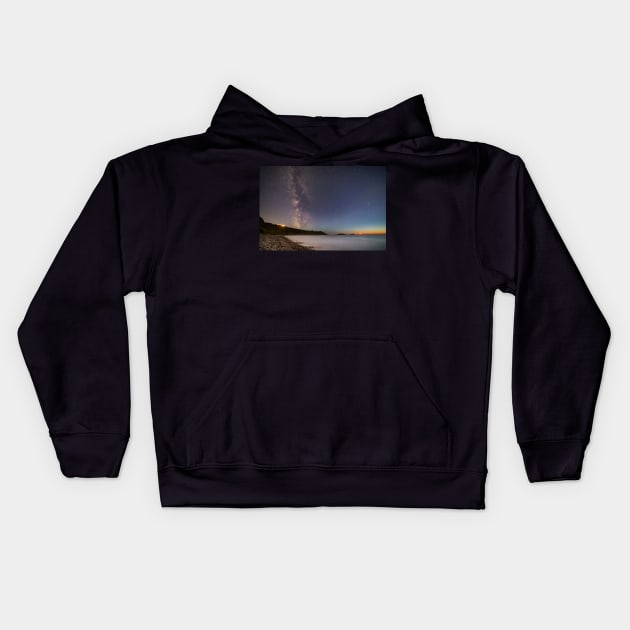 Milky Way and Moonset over Rhossili Bay Kids Hoodie by dasantillo